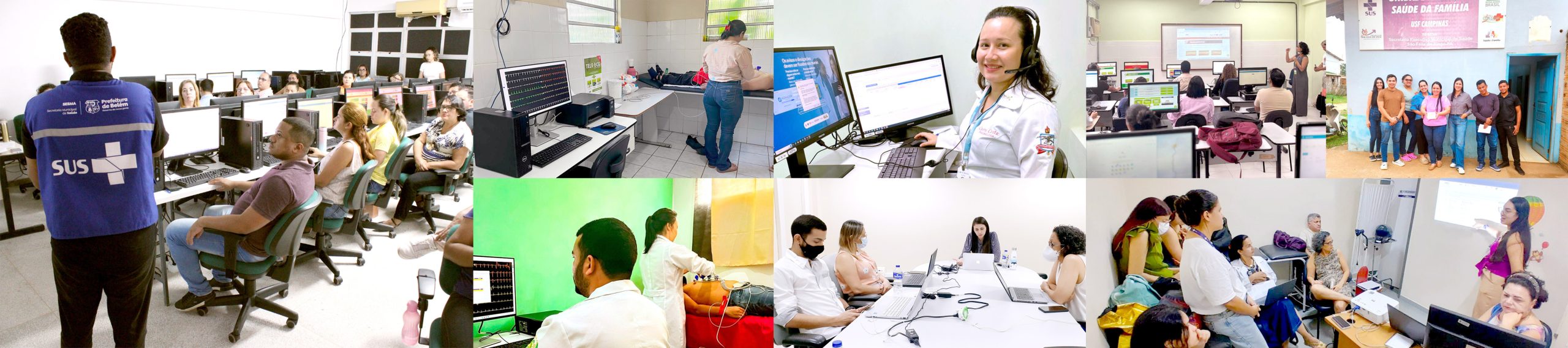 Mosáico de fotos do Telessaúde UFPA, mostrando a equipe do Telessaúde UFPA em diversas atividades.